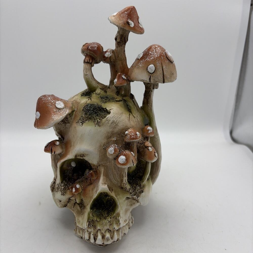 Day Of The Dead Toadstool Mushrooms And Moss Fungi Gothic Skull Figurine